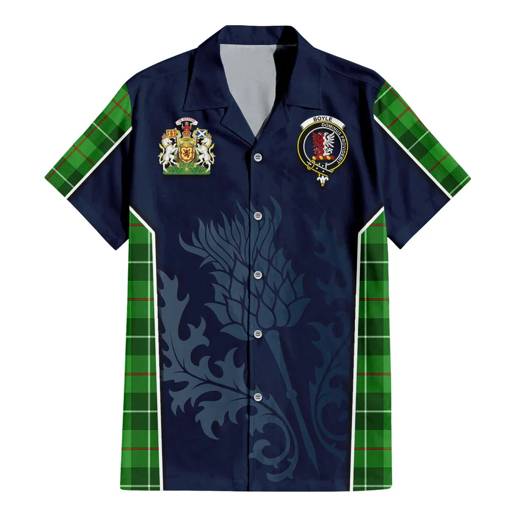 Boyle Tartan Short Sleeve Button Up Shirt with Family Crest and Scottish Thistle Vibes Sport Style