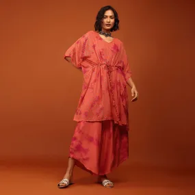 Fire Orange Tie Dye Kaftan Set In V Neckline With A Tie-Up Tassel Dori At The Front