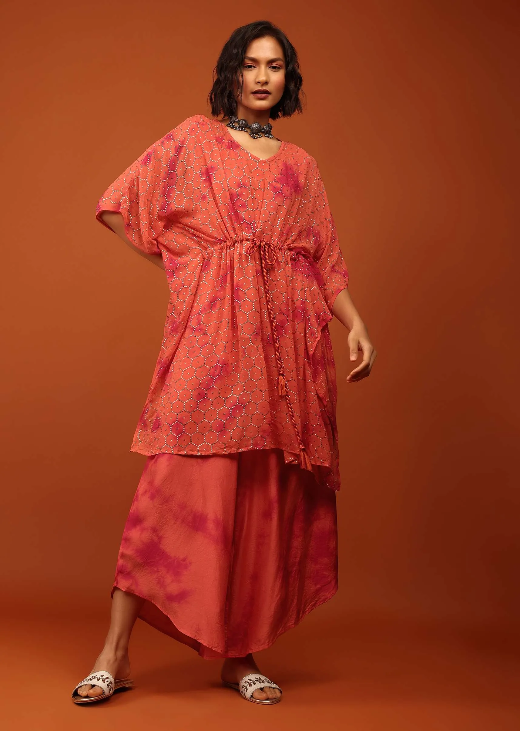 Fire Orange Tie Dye Kaftan Set In V Neckline With A Tie-Up Tassel Dori At The Front