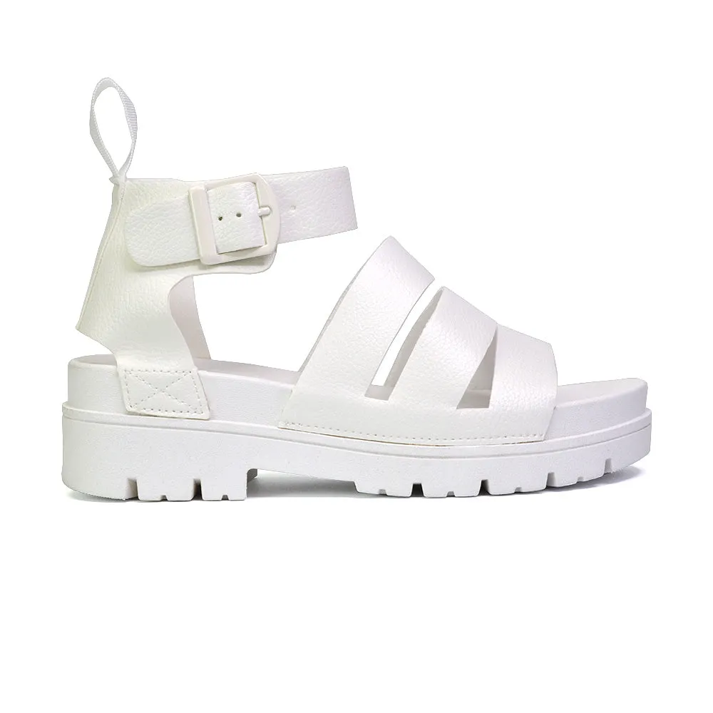 Jonas Chunky Flatform Sandals with Buckle Up Ankle Strap in White