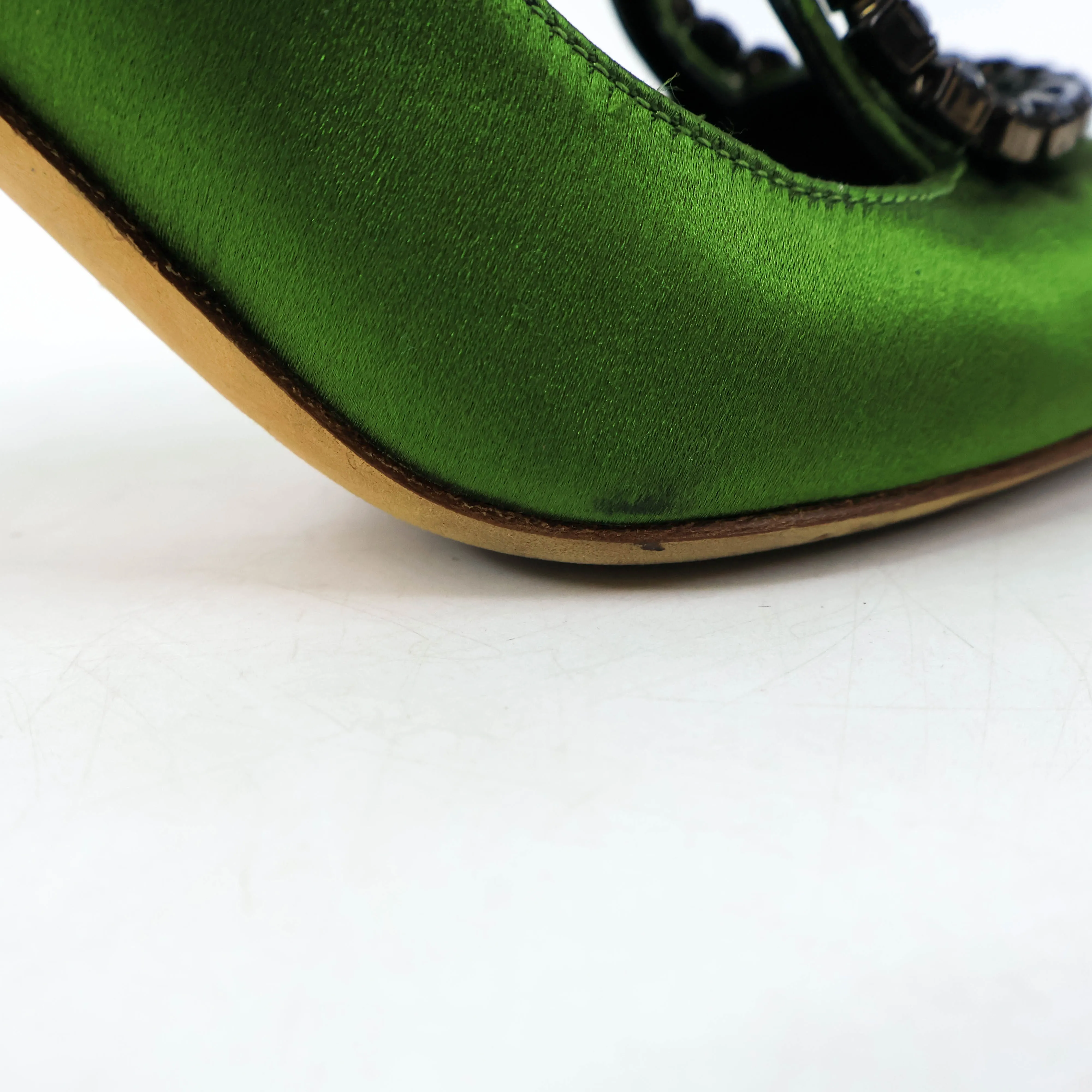 Manolo Blahnik Green Satin Crystal Black Pumps 35