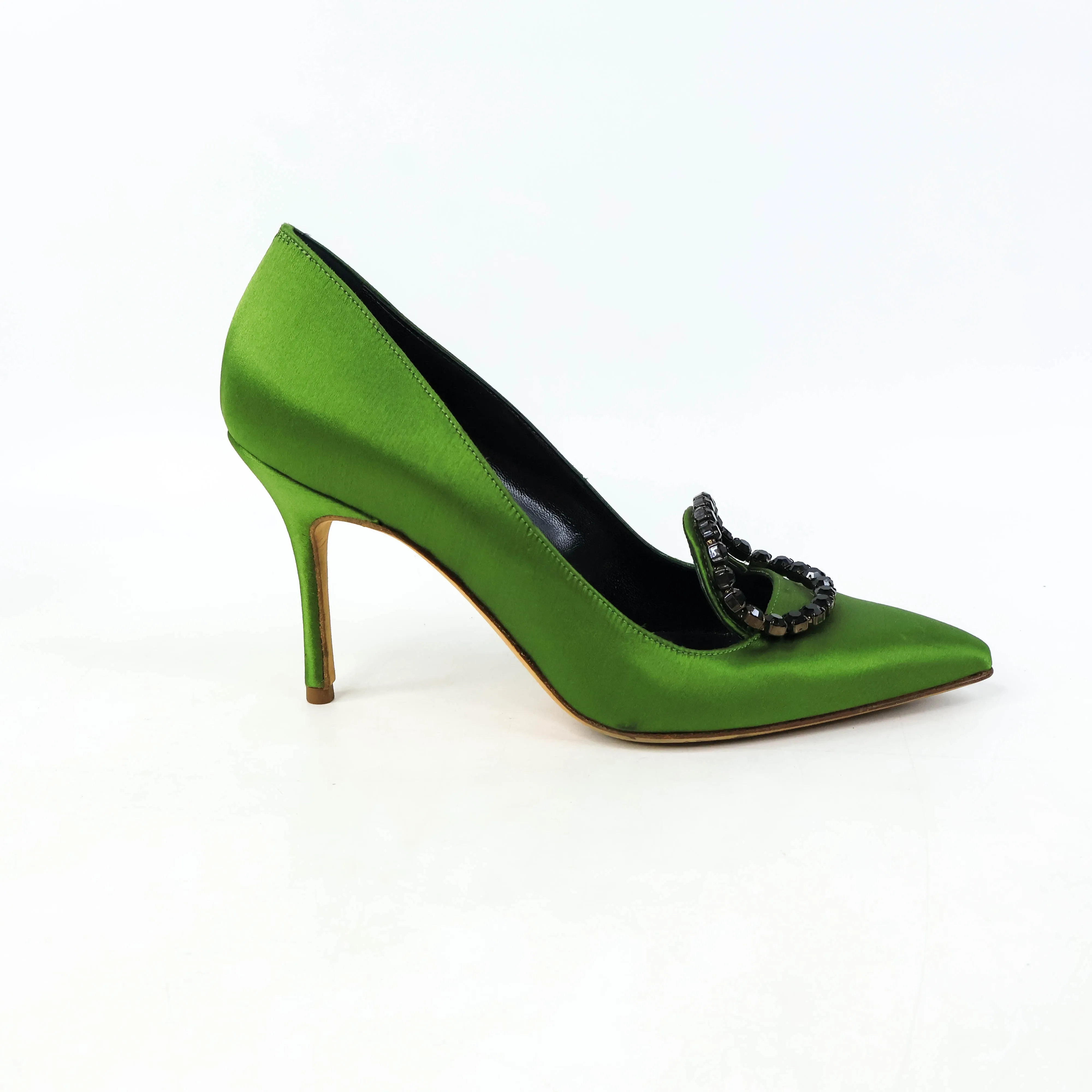 Manolo Blahnik Green Satin Crystal Black Pumps 35