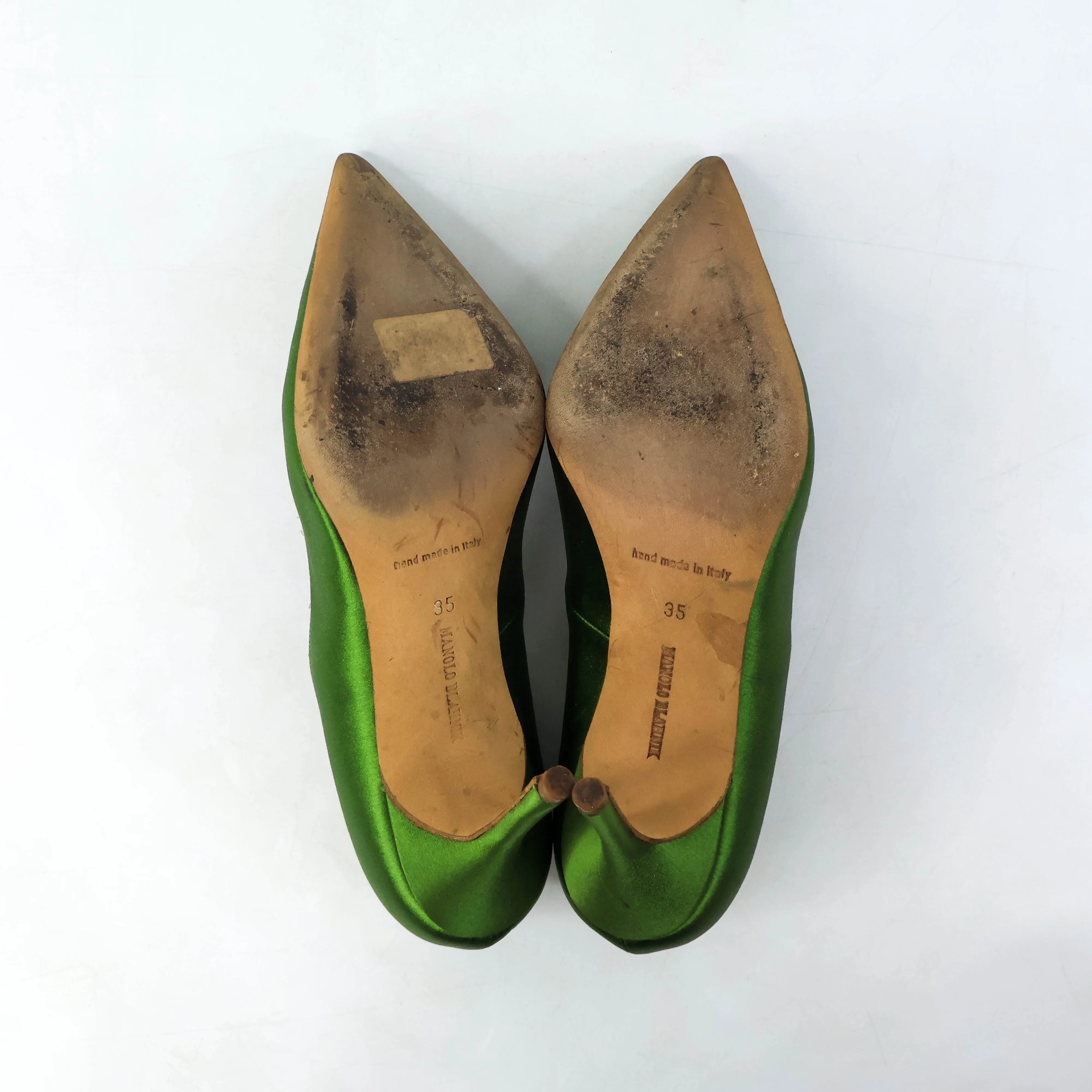 Manolo Blahnik Green Satin Crystal Black Pumps 35