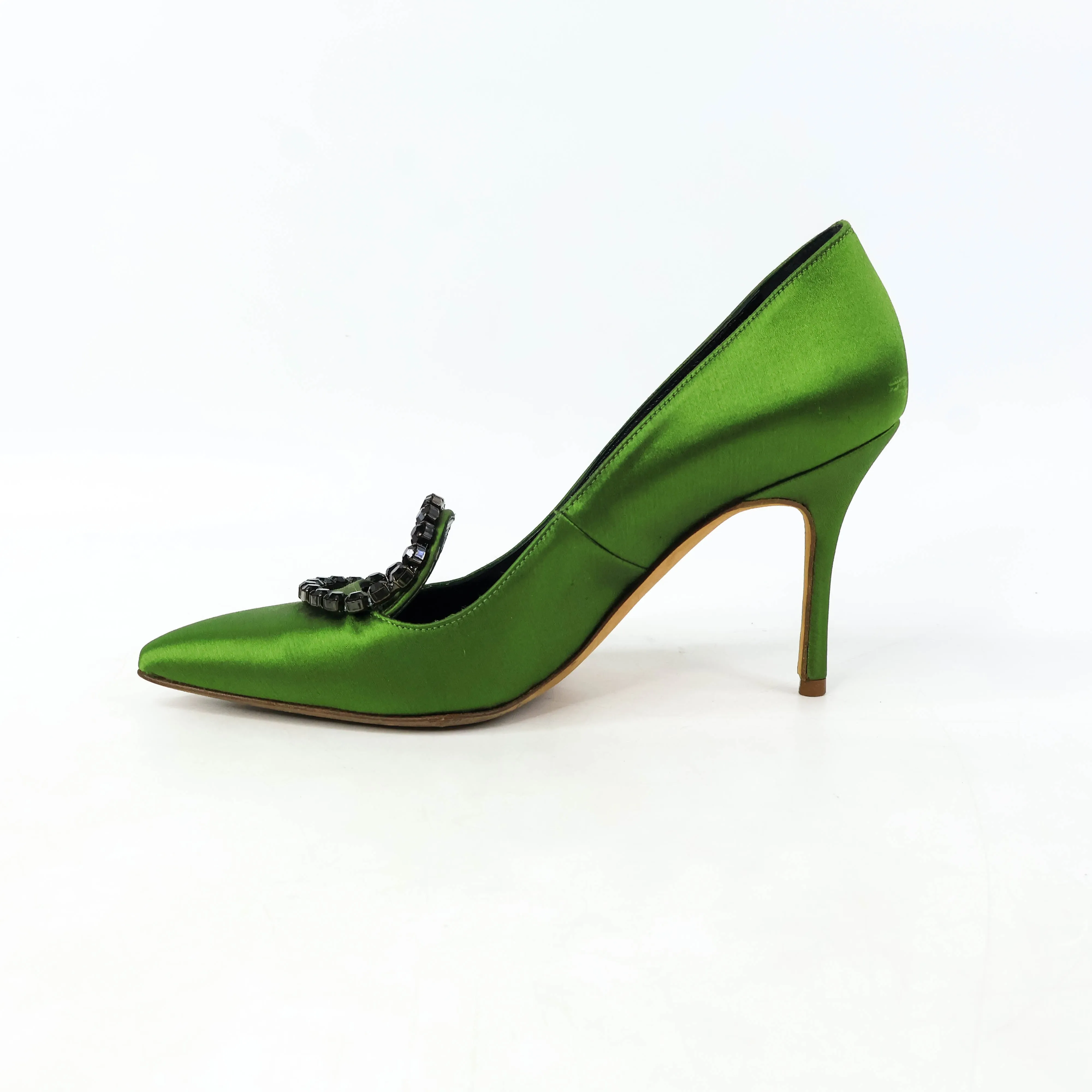 Manolo Blahnik Green Satin Crystal Black Pumps 35