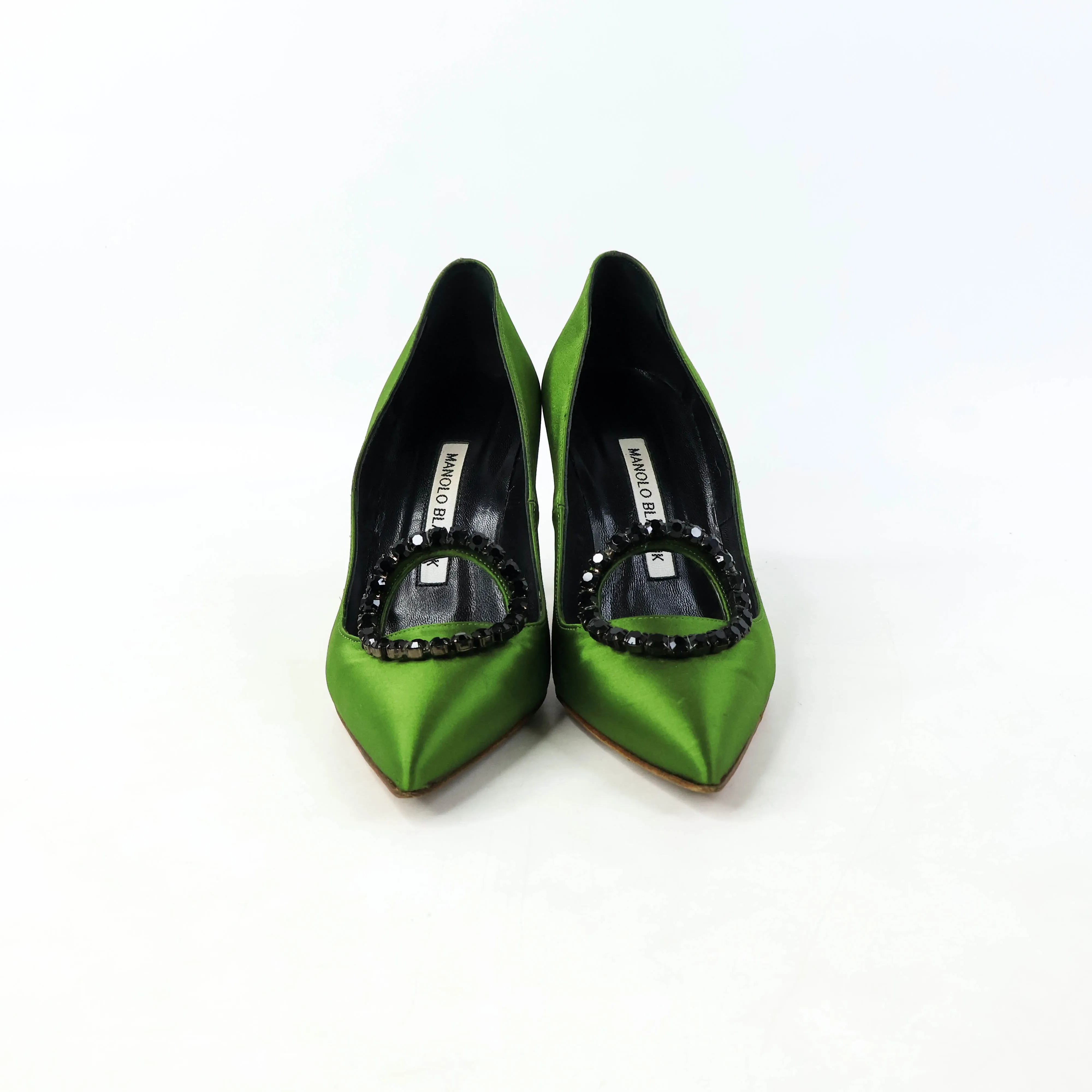 Manolo Blahnik Green Satin Crystal Black Pumps 35