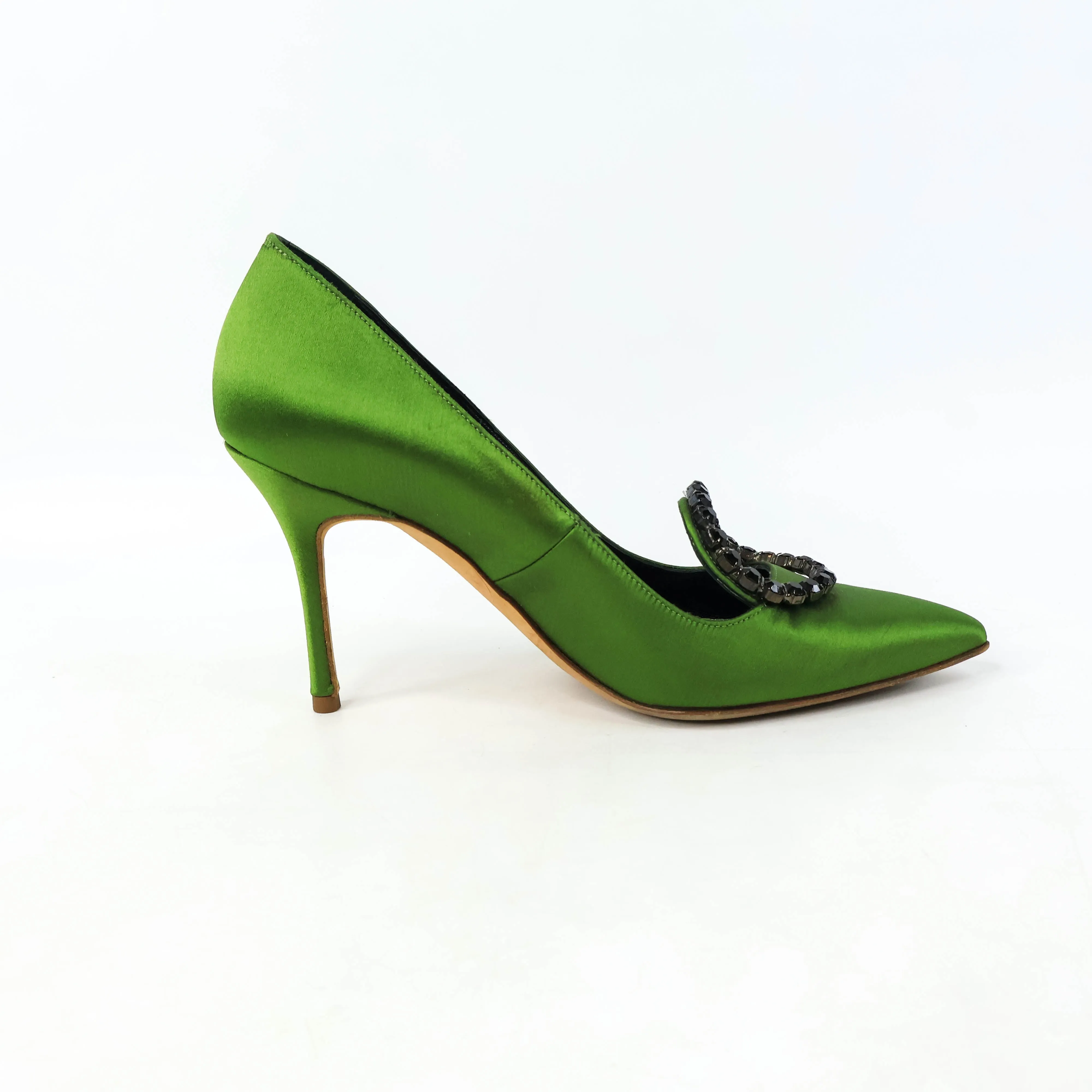 Manolo Blahnik Green Satin Crystal Black Pumps 35