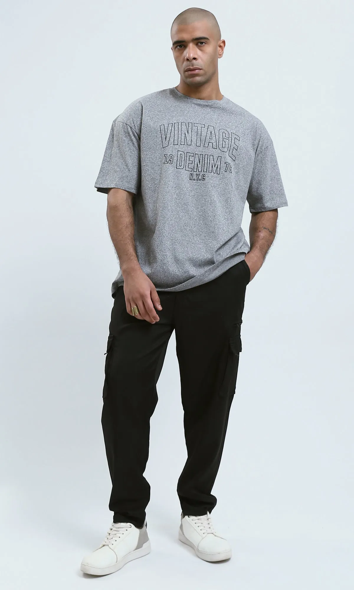 o190745 - Heather Grey Elbow Sleeves Printed "Vintage Denim" Tee