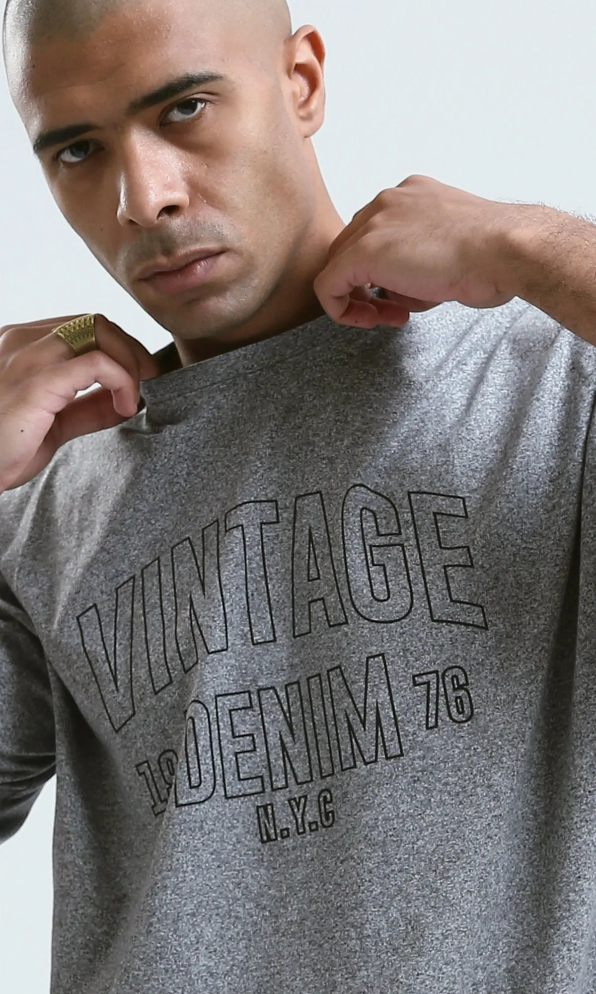 o190745 - Heather Grey Elbow Sleeves Printed "Vintage Denim" Tee