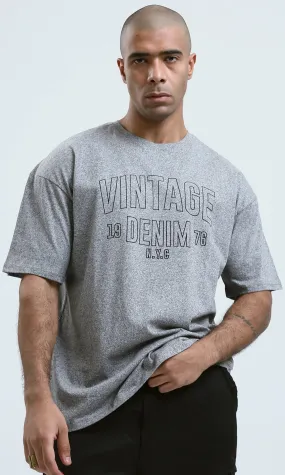 o190745 - Heather Grey Elbow Sleeves Printed "Vintage Denim" Tee