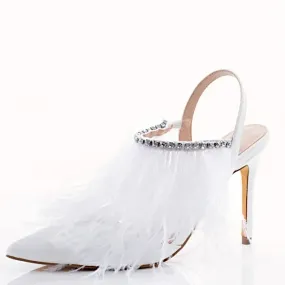 Sparkl Fairy Couture Luxurious White Ostrich Feather Heels | Encrusted with Rhinestones