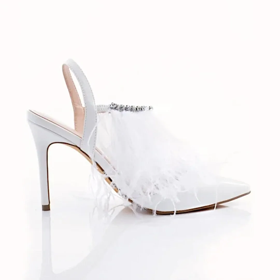 Sparkl Fairy Couture Luxurious White Ostrich Feather Heels | Encrusted with Rhinestones