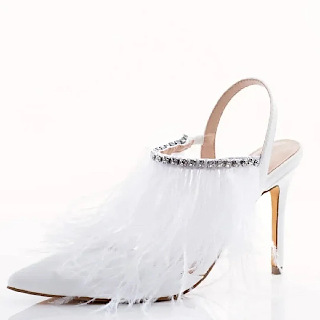 Sparkl Fairy Couture Luxurious White Ostrich Feather Heels | Encrusted with Rhinestones
