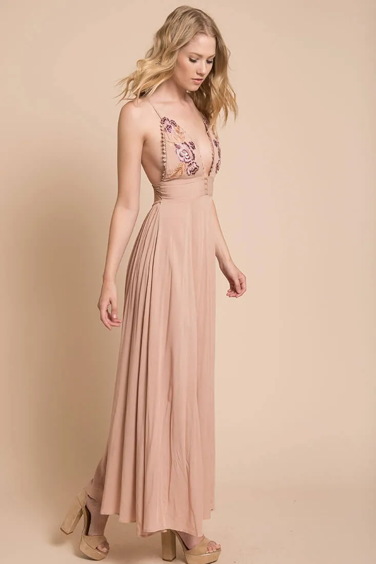 Summer Wedding Embroidered Floral Maxi Dress Mocha